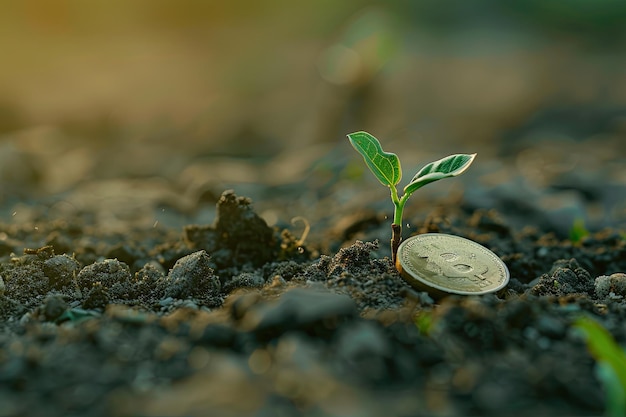 Seedling Sprouting on a Pile of Coins Symbolizing Growth