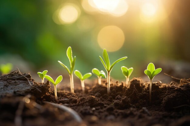 The seedlings are growing from the soil with the morning sun shining Generative AI