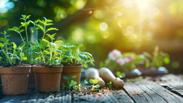 Photo seedlings bathing in sunlight on a wooden table