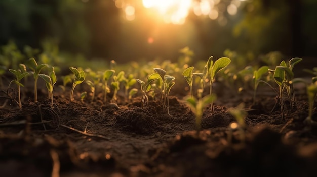 The seedlings grow from fertile soil and the morning Generative ai