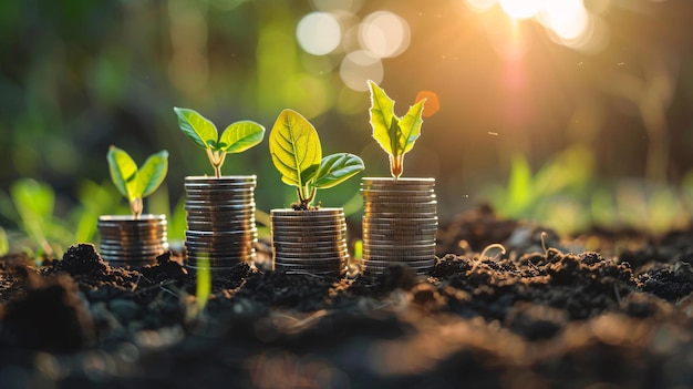 Seedlings growing from stacks of coins of increasing size symbolizing investment growth