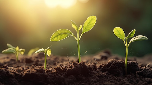 Seedlings growing in the soil with the sun shining on them