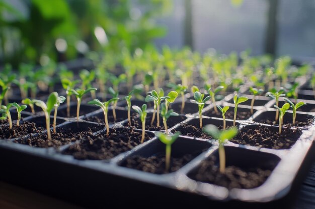 Photo seedlings growing in trays under natural light in a nurturing indoor garden setting