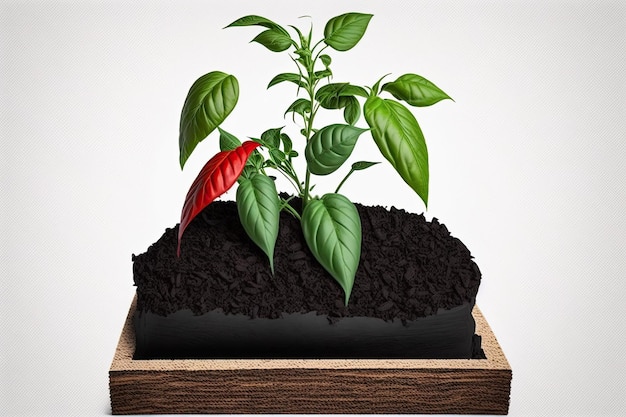 The seedlings of a pepper plant growing in a black container with a layer of wood chips