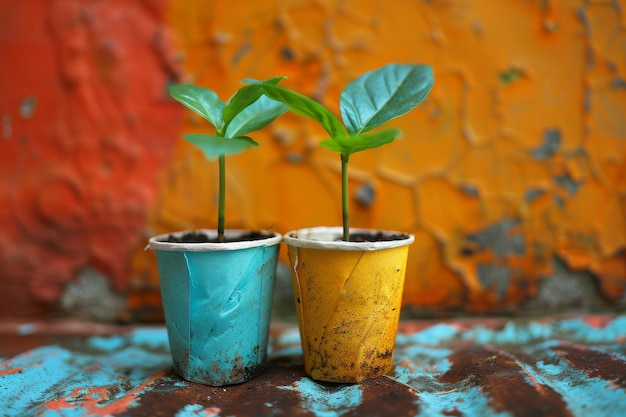 Seedlings for planting in disposable cups A vibrant photo representing the concept of the spring pl