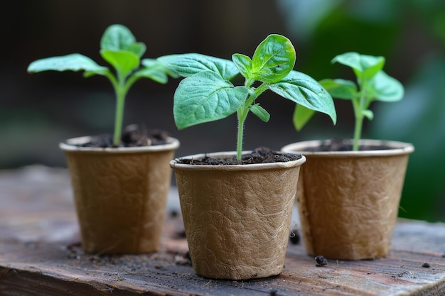 Seedlings for planting in disposable cups A vibrant photo representing the concept of the spring pl