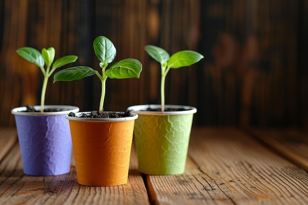 Seedlings for planting in disposable cups A vibrant photo representing the concept of the spring pl