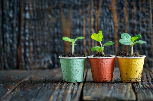 Seedlings for planting in disposable cups A vibrant photo representing the concept of the spring pl