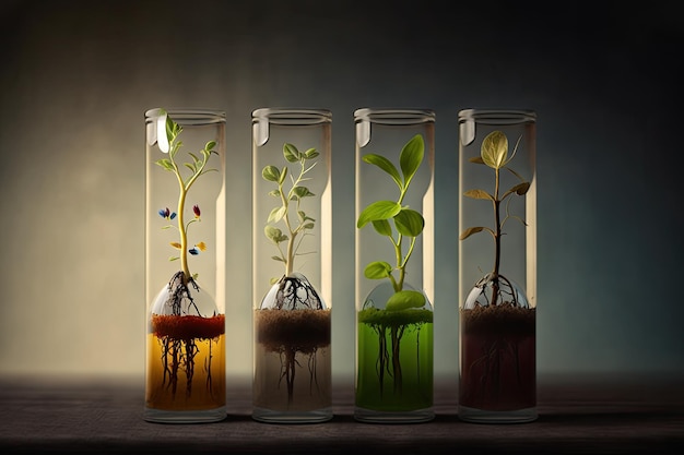 Seedlings sprouting in test tubes filled with nutrients created with generative ai