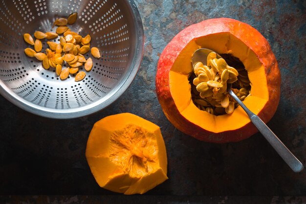 Seeds in a colander pumpkin for making pumpkin soup