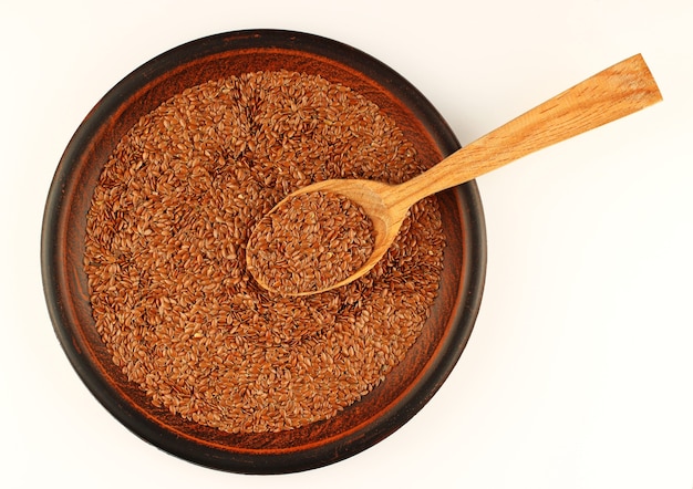 Seeds of flax in a spoon and a plate close-up