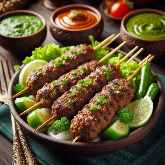 Photo seekh kabab made with minced chicken or mutton keema served with green chutney and salad