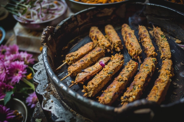 Seekh kabab made with minced chicken or mutton keema