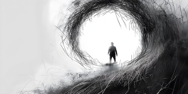 Photo seeking light monochrome sketch of man in straw tunnel confronting fear concept fear man monochrome sketch straw tunnel light