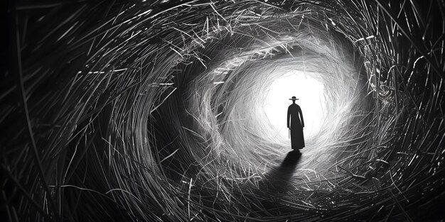 Photo seeking light monochrome sketch of man in straw tunnel to overcome fear concept art creativity sketching overcoming fear monochrome art visual representation