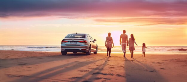 Seen from behind next to the car a man father mother and daughter are running happily along the beach at sunset