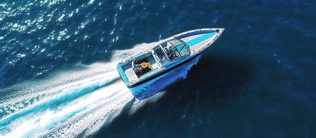 Seen from above Speedboat racing in the blue sea