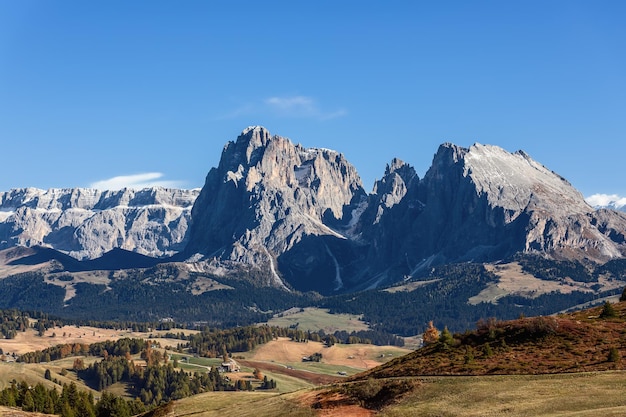 Seiser Alm high plateau and view of Sassolungo and Sassopiatto mountains of the Langkofel Group