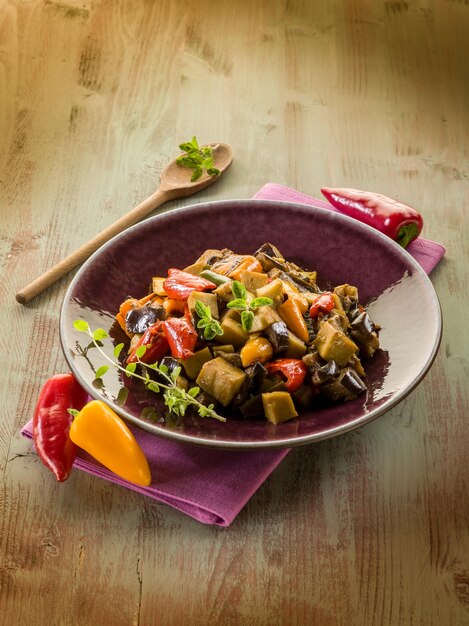 Seitan stew with eggplant nd peppervegetarian food