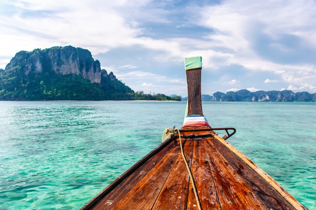 Selected focus on front of a long tail boat at Krabi sea