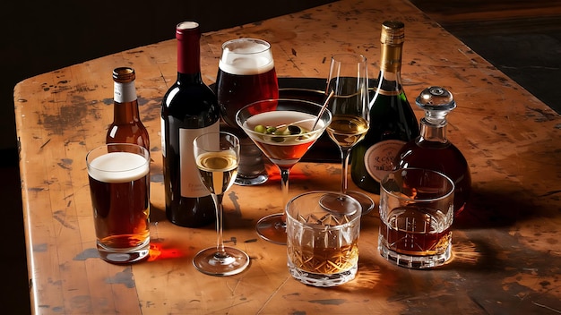 Photo selection of alcoholic drinks beer wine martini champagne cognac whiskey rustic background