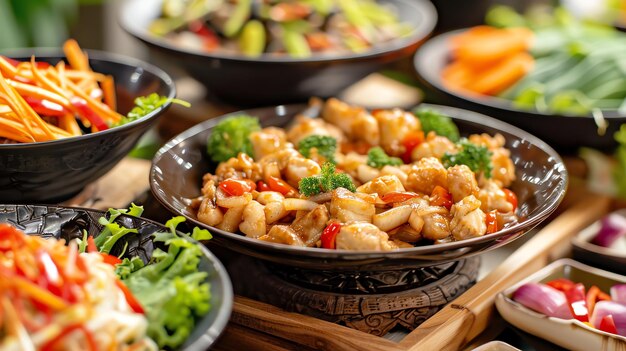 A selection of Asian stirfry dishes in black bowls on a wooden table