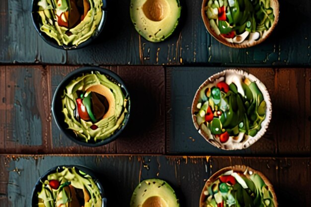 a selection of avocados including one that has a lemon wedge in it