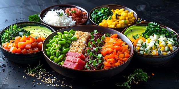 Photo a selection of bowls of food including vegetables corn and other vegetables