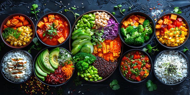 Photo a selection of bowls of food including vegetables corn and other vegetables