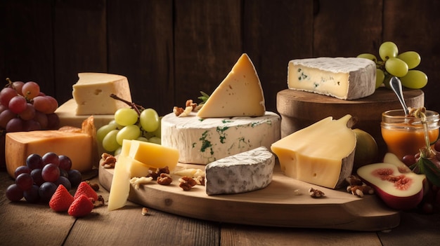 A selection of cheeses including grapes, grapes, and a bottle of wine.