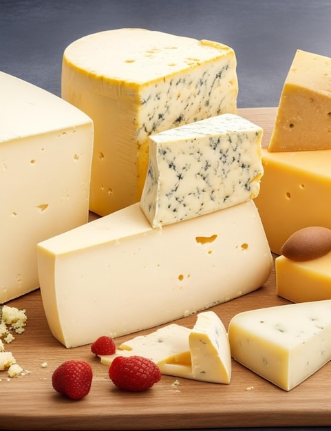 a selection of cheeses including one that has been cut into pieces.