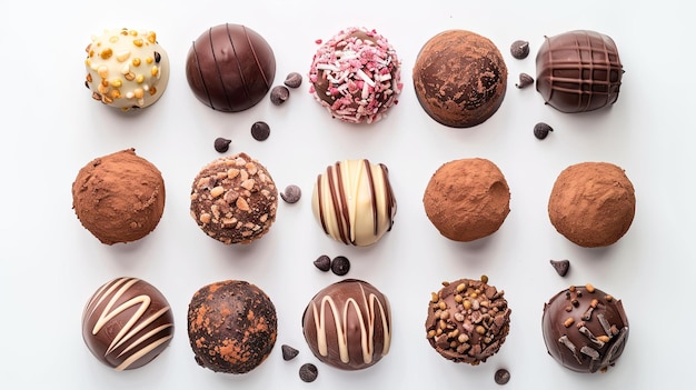 Selection of chocolate truffles on a plain white surface