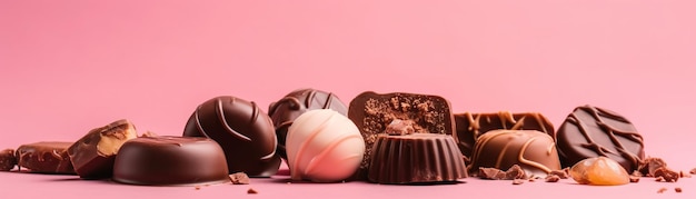 A selection of chocolates on a pink background