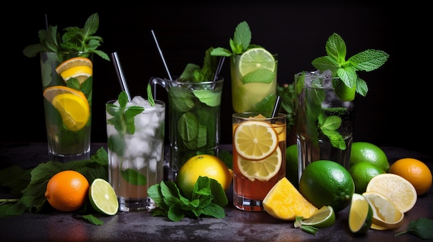 A selection of cocktails including mint, lemon, and limes