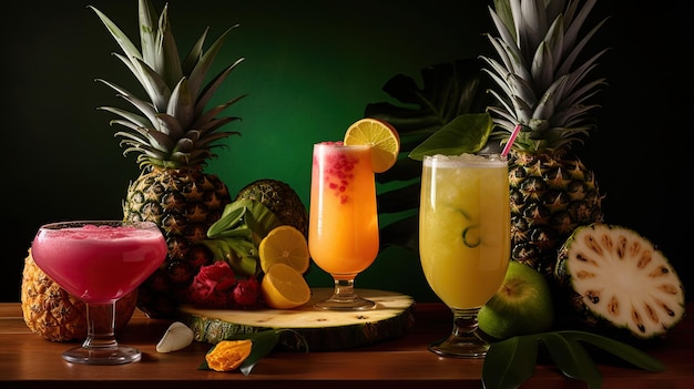 A selection of cocktails including a pineapple, mango, and other fruit