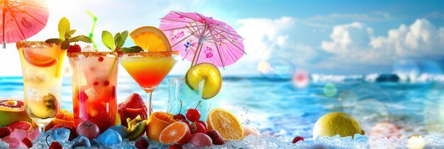 Photo a selection of colorful cocktails adorned with fresh fruit garnishes and miniature umbrellas sit on a beach with the ocean and blue sky in the background generative ai