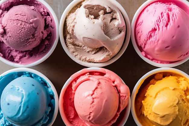 A selection of colorful ice creams are lined up on a table