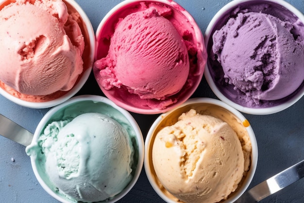 A selection of colorful ice creams are lined up on a table