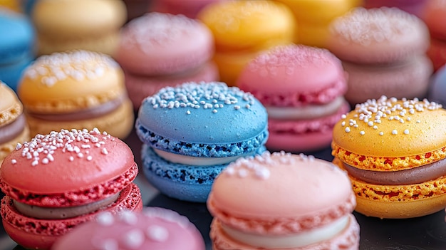 Photo a selection of colorful macarons including pink blue and yellow are displayed