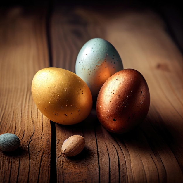 A selection of coloured eggs on a wooden table