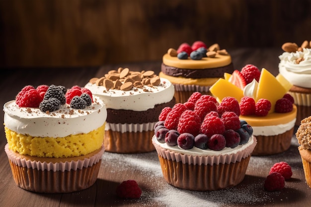 A selection of cupcakes with different toppings on a wooden table.