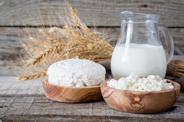 Selection of dairy products on rustic wood background