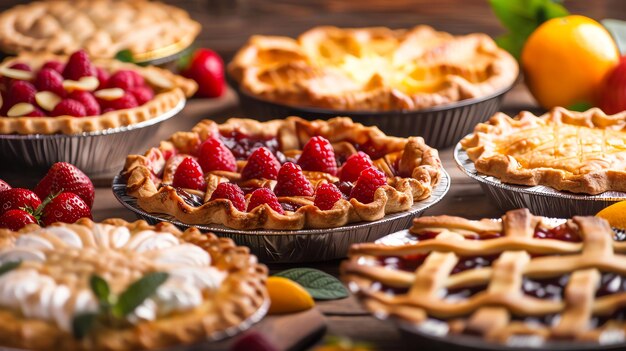 A selection of delicious homemade pies with different fillings including fruit pies lemon meringue and a latticetopped pie