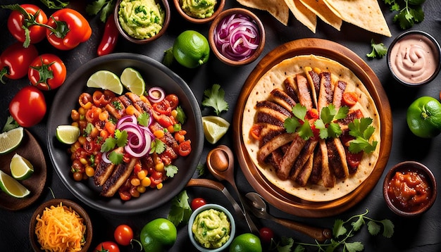 Selection of delicious mexican food with meat and vegetables