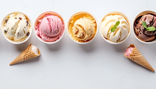 Photo selection of different rolled ice creams in cone cups