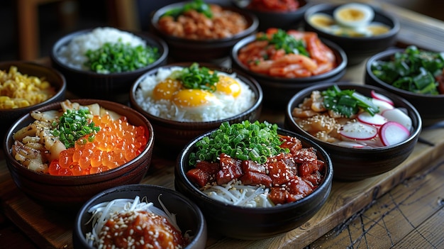 Photo a selection of dishes including rice rice and rice