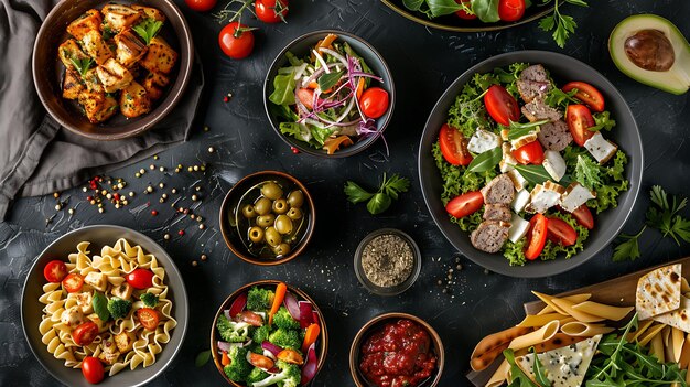 Photo a selection of dishes including salads meats and vegetables