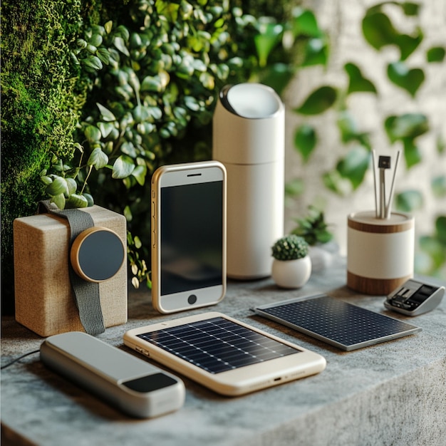 A selection of ecofriendly tech gadgets including solarpowered chargers and energyefficient devi