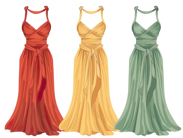 A selection of five summer maxi dresses with diverse floral patterns on a dark green background