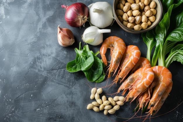 Photo a selection of fresh ingredients including shrimp spinach onions garlic and nuts arranged on a dark textured surface